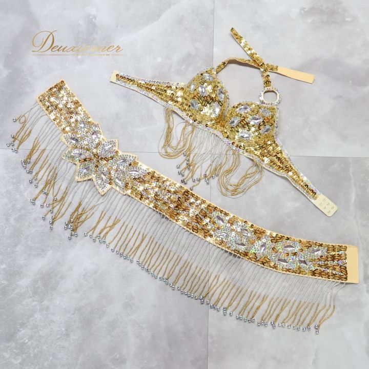 ベリーダンス オリエンタル 衣装 トップス ベルト セット ゴールド系