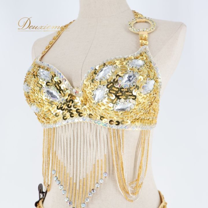 【ベリーダンス用オリエンタル衣装】ゴールド 豪華 金 チェーン ブラトップ ベリーダンス オリエンタル 衣装 トップス ベルト セット ゴールド系