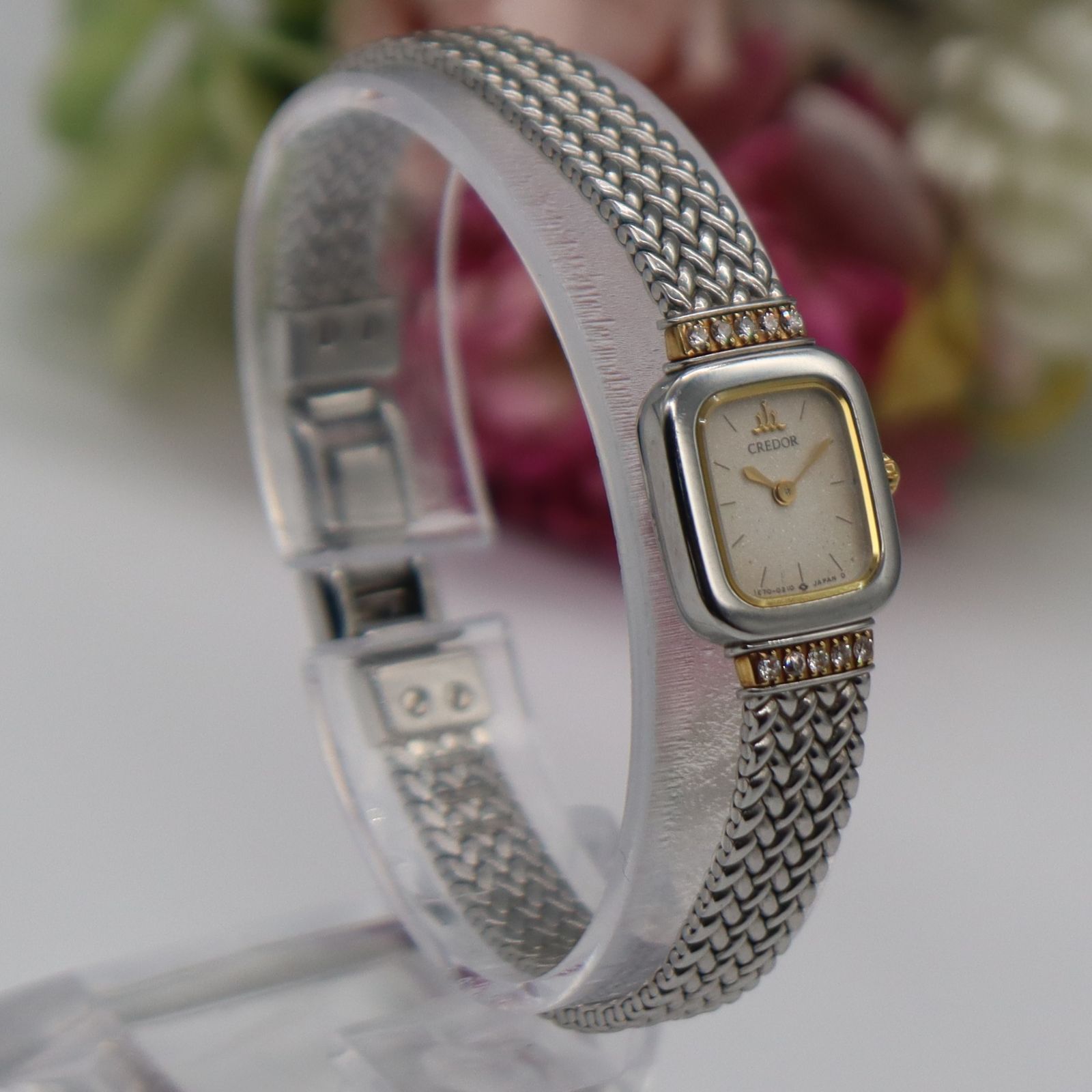 電池新品 セイコー クレドール 1E70-5130 クォーツ 10Pダイヤ 18KT+SS