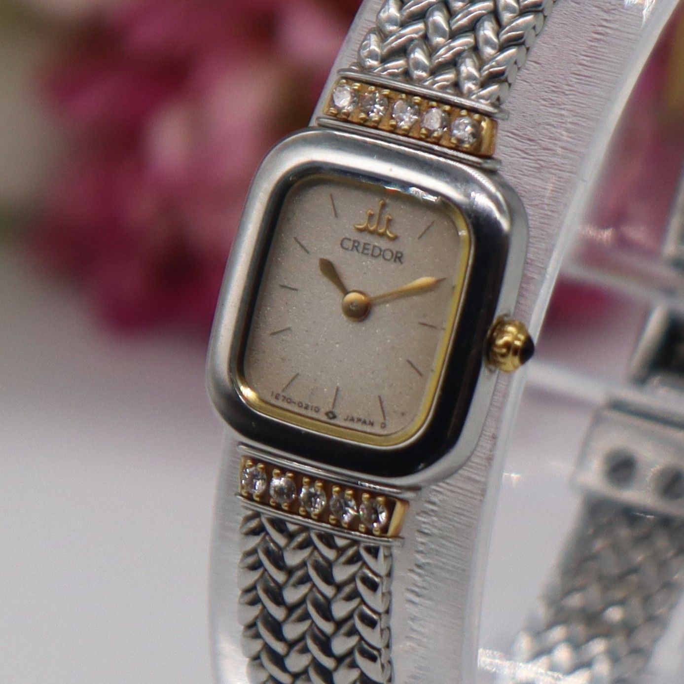 電池新品 セイコー クレドール 1E70-5130 クォーツ 10Pダイヤ 18KT+SS