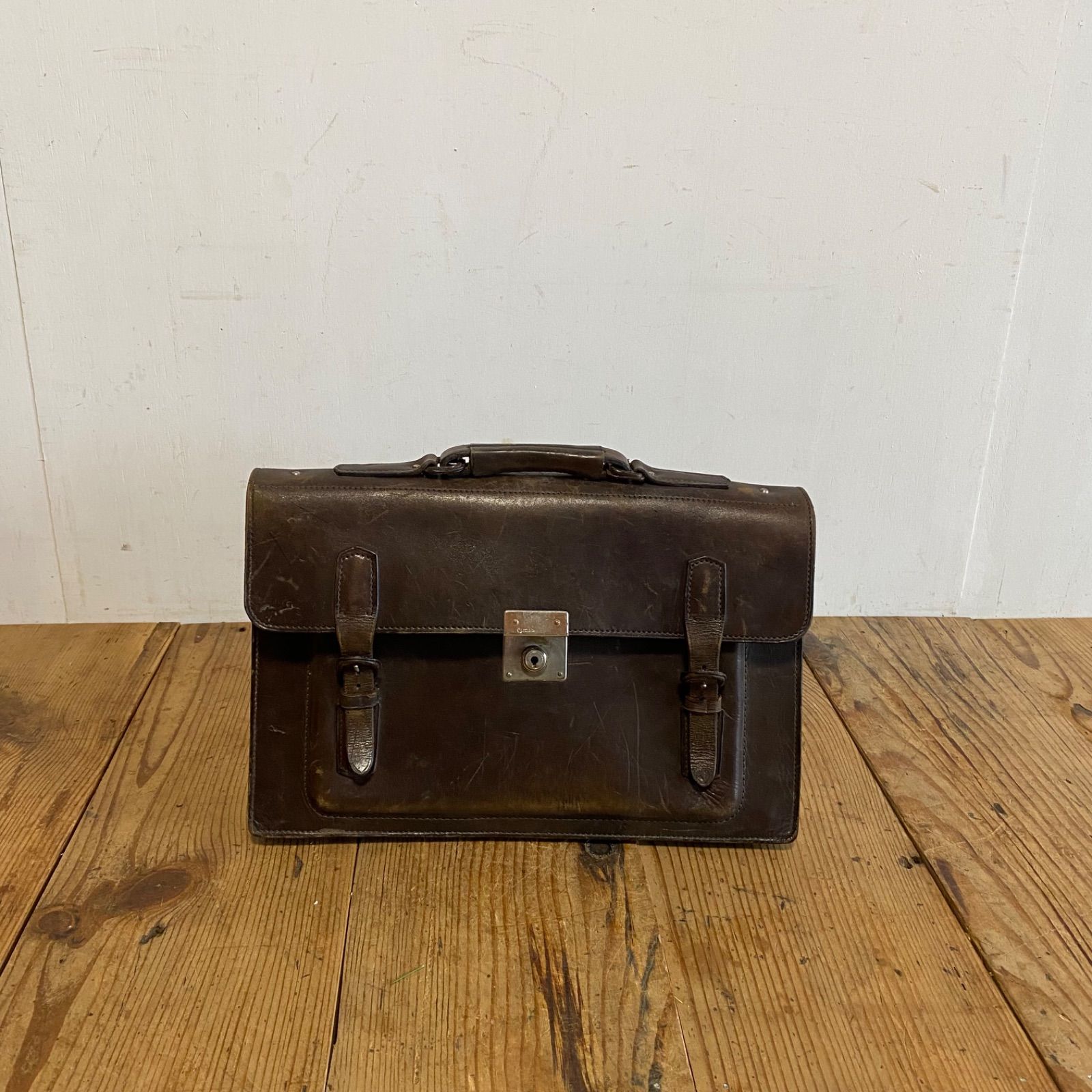 アンティーク レザー スクールバッグ 本革 ブラウン 茶色 当時物 学生