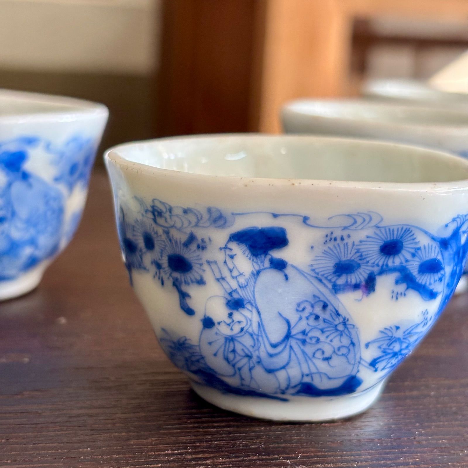 染付 煎茶碗 5客セット 樹下唐人図 古器 古道具 茶器古染付 / 江戸