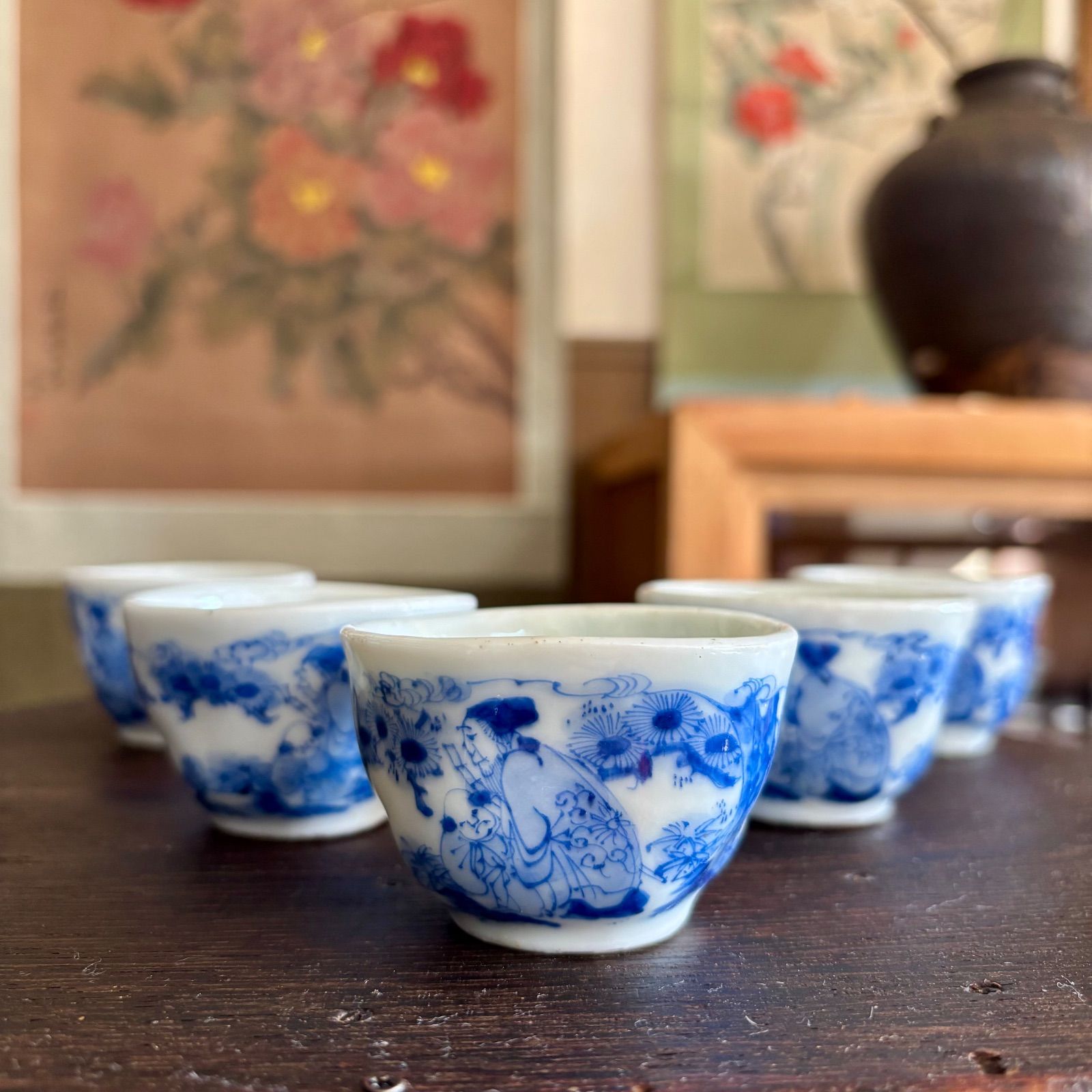 染付 煎茶碗 5客セット 樹下唐人図 古器 古道具 茶器古染付 / 江戸