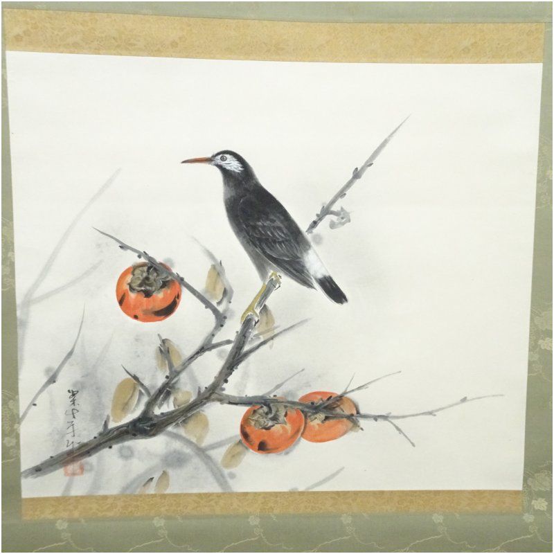 田中案山子筆 晩秋 花鳥図 肉筆紙本掛軸（共箱） 掛け軸 床の間 書