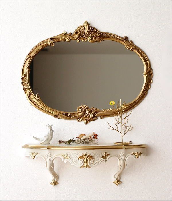 アンティーク　ウォールミラー　金色装飾フレームの楕円形ミラー アンティーク 壁掛け鏡 ウォールミラー 楕円 ロココ調 おしゃれ