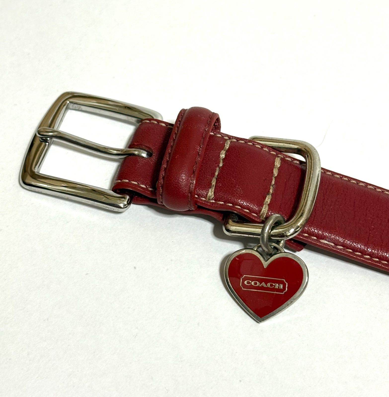 COACH コーチ 赤 レザー 犬 首輪 XL ハート型チャーム付き 訳あり 