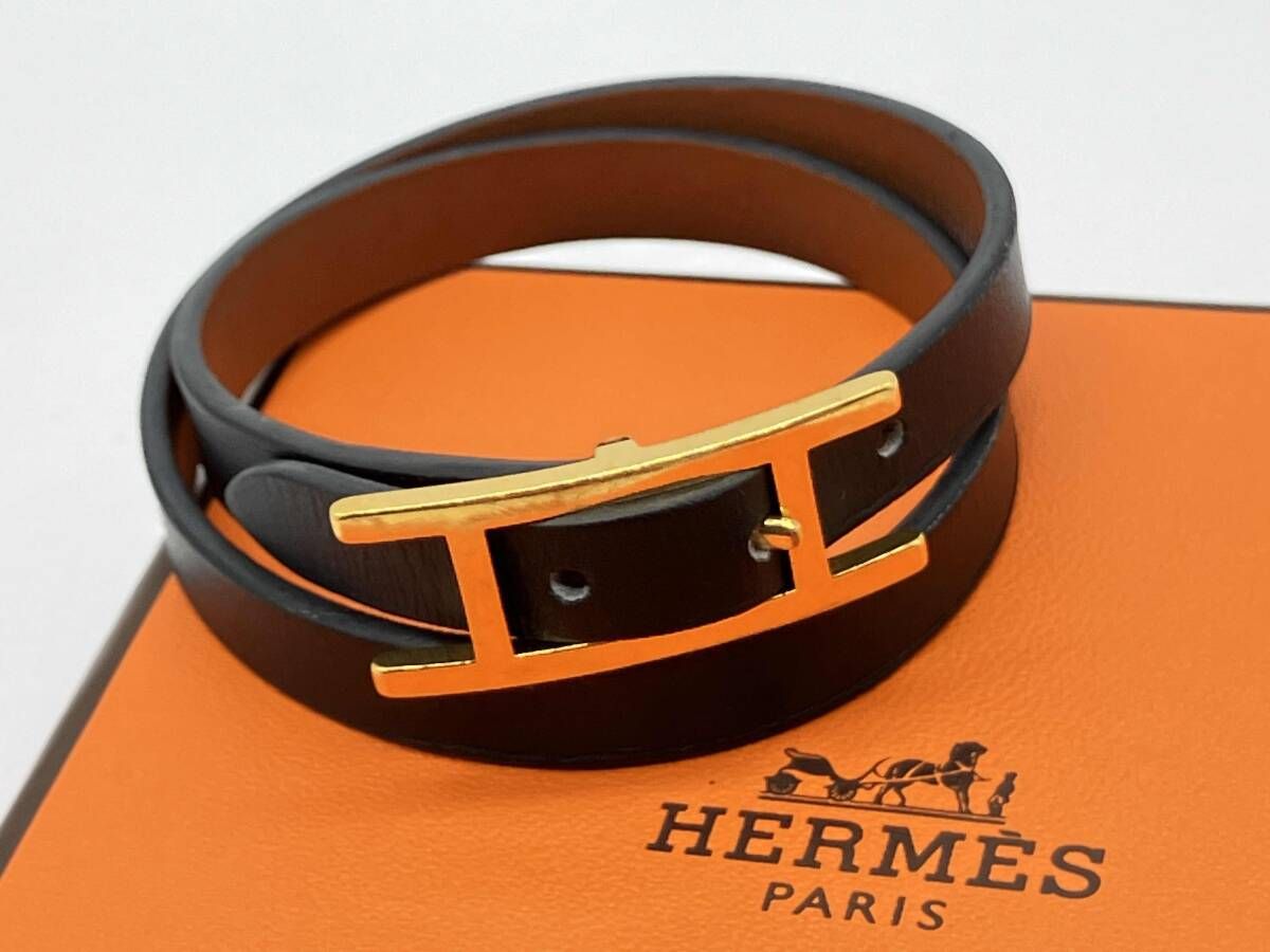 HERMES／ブラック系／ビーアピ／ドゥブルトゥール／レザーブレスレット 