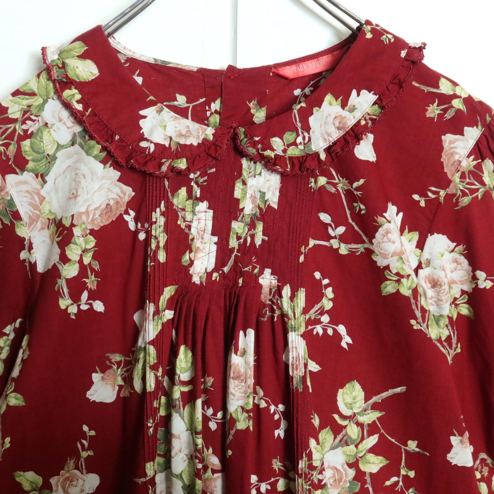 美品】ピンクハウス☆ローズpt♪ローンチュニックブラウス 赤系 フリル