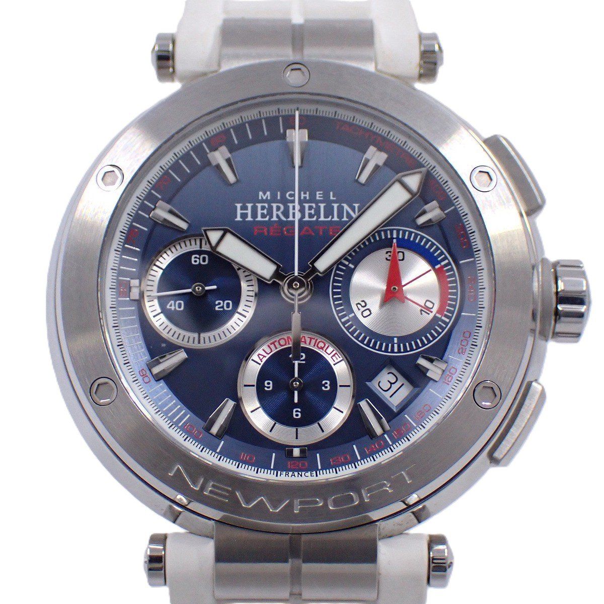 ミッシェルエルブラン ニューポート レガッタ 100本 モデル クロノグラフ 自動巻き メンズ 腕時計 青文字盤 ラバーベルト いおき質店