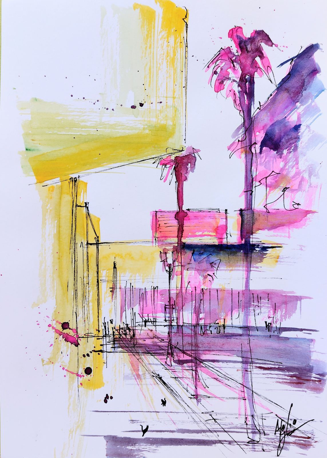 原画#235 黒猫 ラスベガス 水彩画 ドローイング インテリア アート