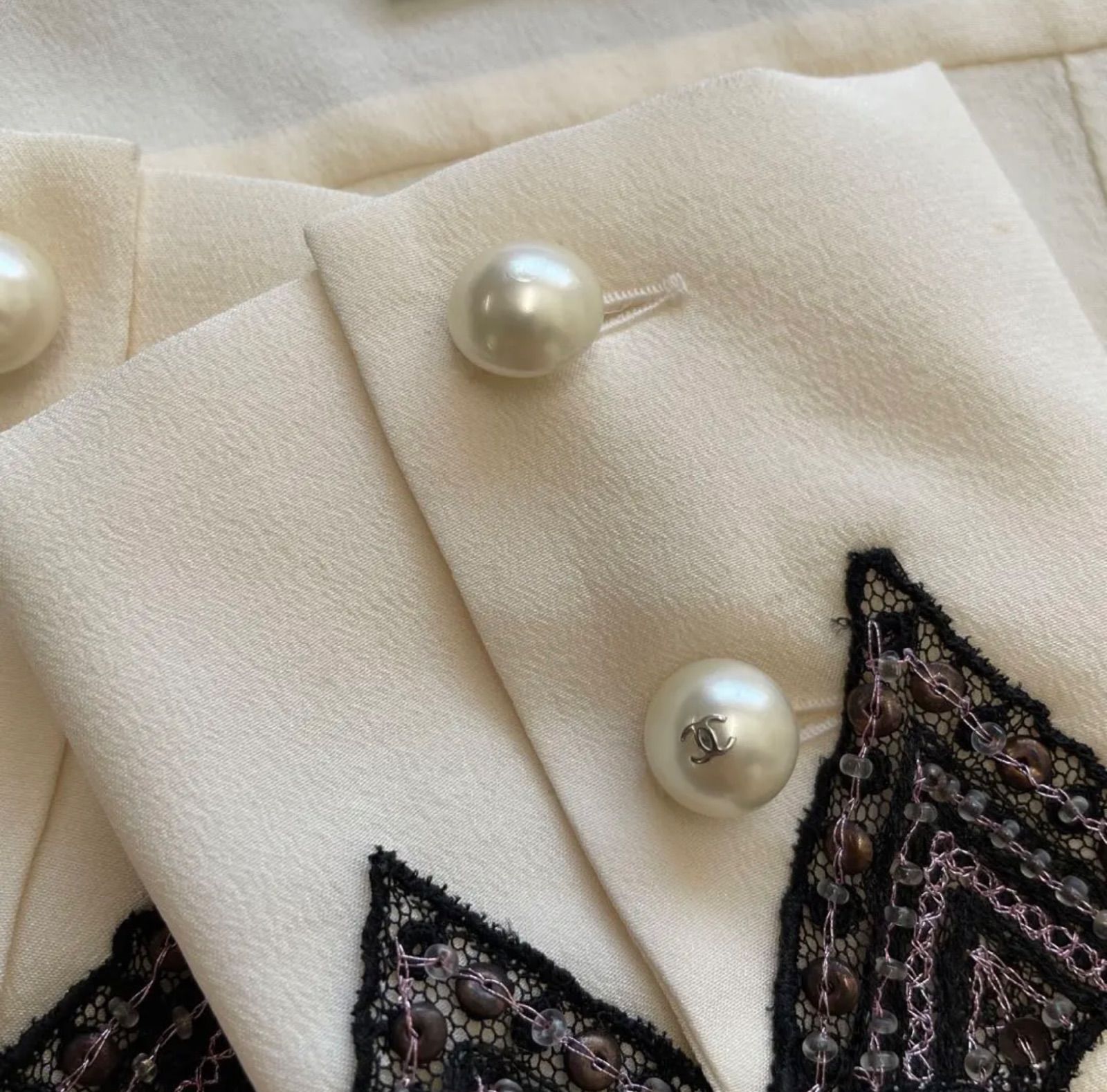 CHANEL シャネル シャツ ブラウス フェイクパールボタン シルク100