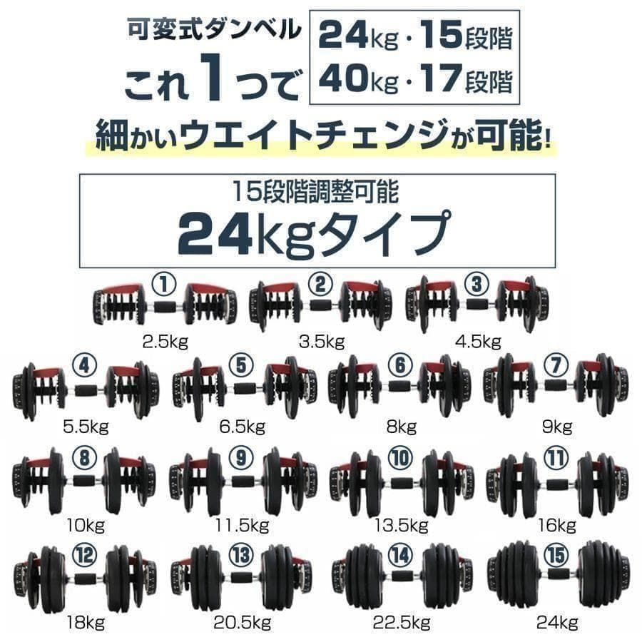 中古美品 可変式 ダンベル 15段階調整24kg x2個 - メルカリ