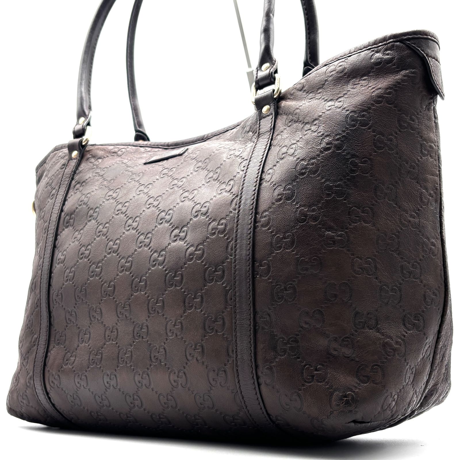 美品 GUCCI グッチ トートバッグ GG シマレザー ロゴプレート 手持ち