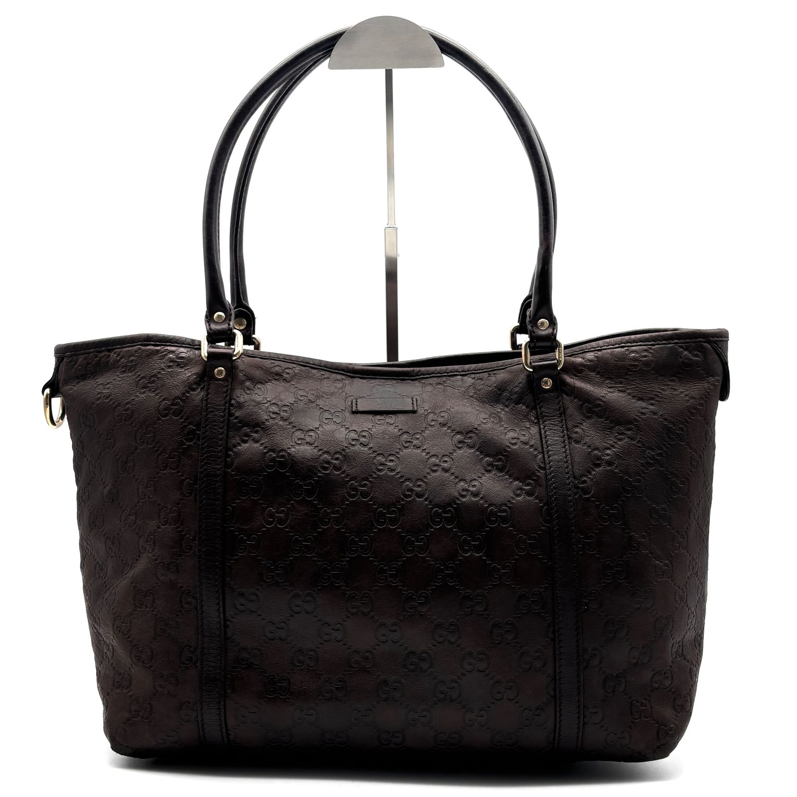 廃盤・美品 グッチ ビジネス トートバッグ オールレザー 肩掛け A4可 黒 美品 GUCCI グッチ トートバッグ GG シマレザー ロゴプレート 手持ち