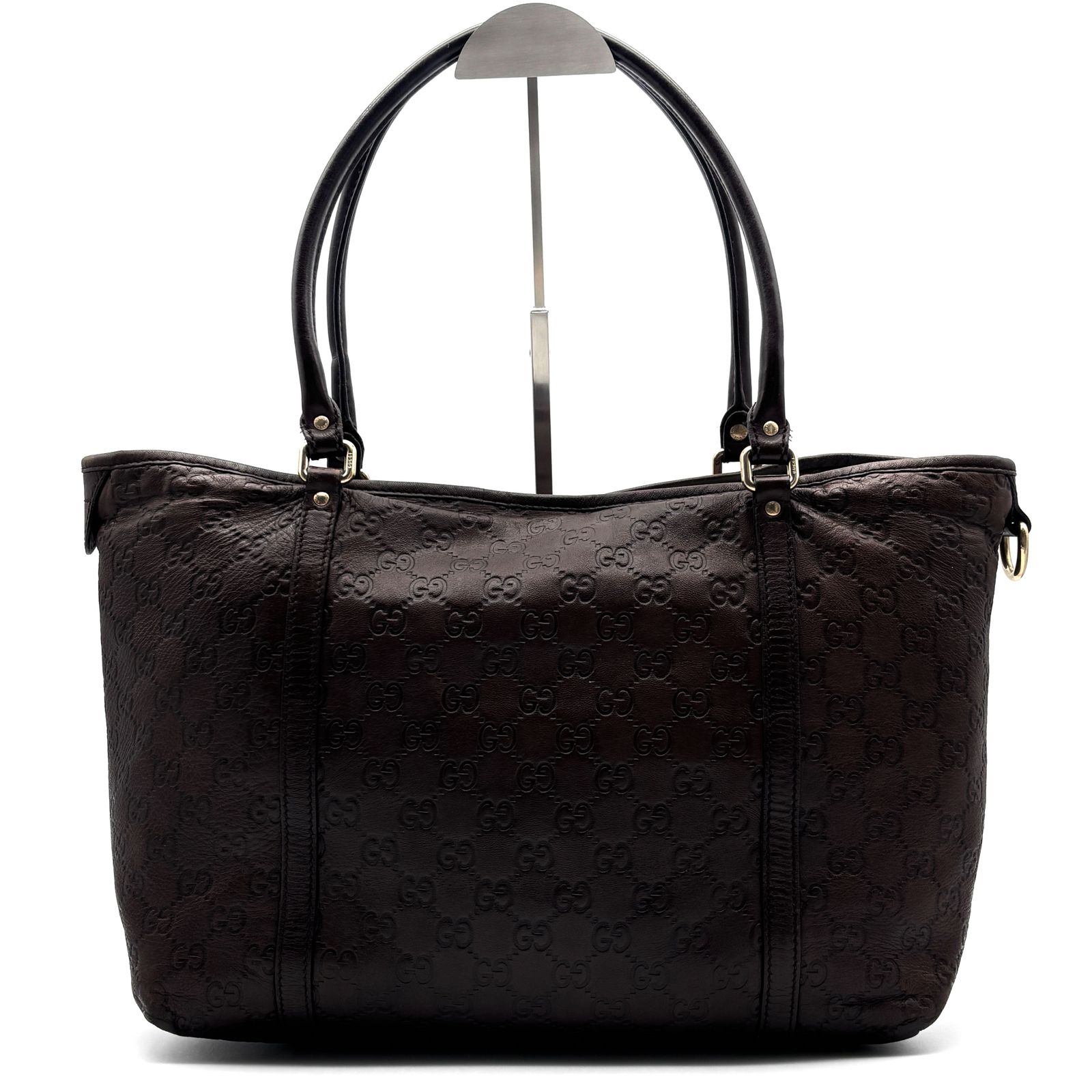 美品 GUCCI グッチ トートバッグ GG シマレザー ロゴプレート 手持ち