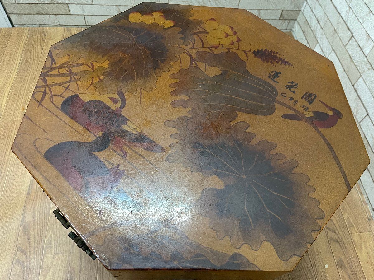 ○中国李朝家具 八角形 チェスト キャビネット 収納箱 帽子入れ 花鳥画