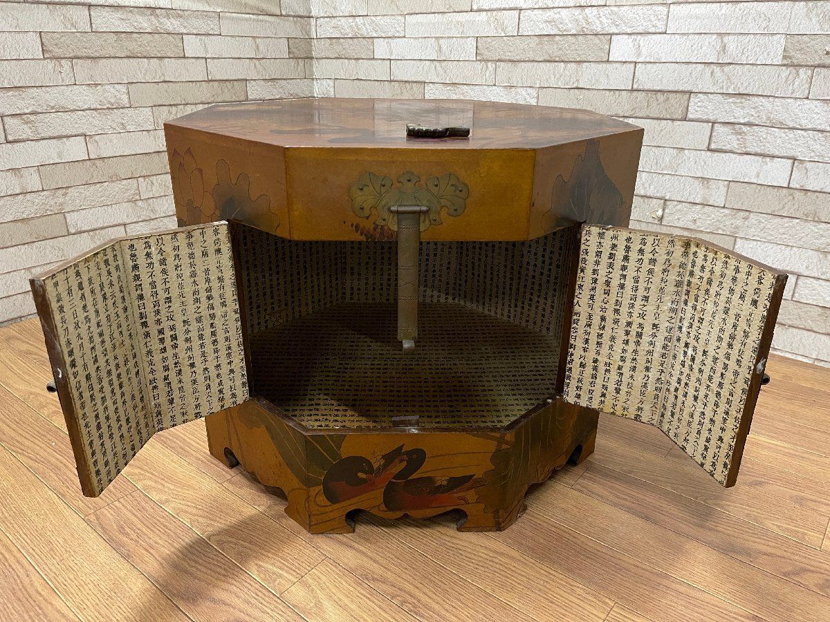 ○中国李朝家具 八角形 チェスト キャビネット 収納箱 帽子入れ 花鳥画