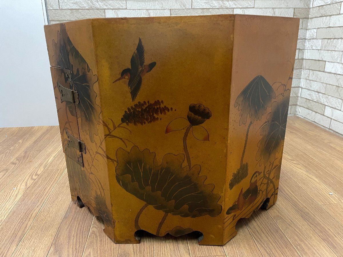 ○中国李朝家具 八角形 チェスト キャビネット 収納箱 帽子入れ 花鳥画