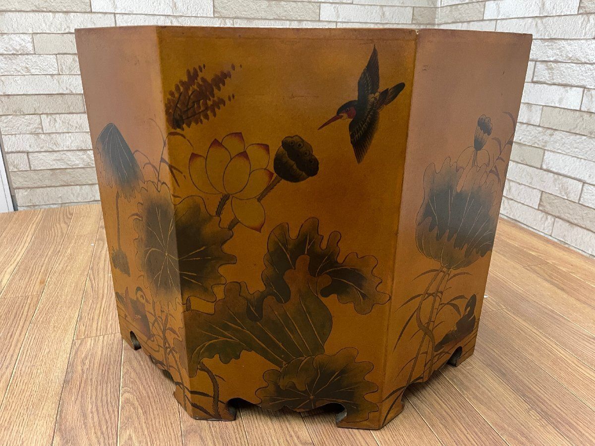 ○中国李朝家具 八角形 チェスト キャビネット 収納箱 帽子入れ 花鳥画