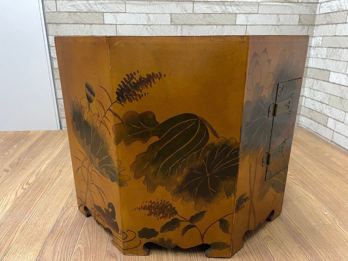 ○中国李朝家具 八角形 チェスト キャビネット 収納箱 帽子入れ 花鳥画