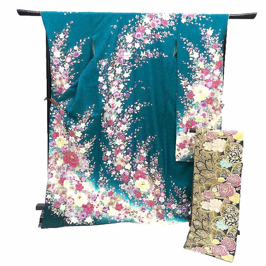 京やD034 正絹 振袖 絹100％ 大きなサイズ トールサイズ 裄長め 身丈