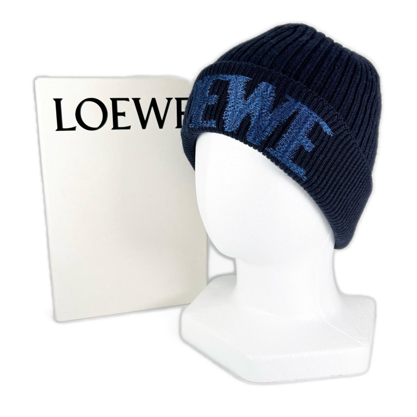 最終値下げ　美品 LOEWE バイカラー ニット帽　ビーニー　ネイビー 未使用品△LOEWE ロエベ F540257X23 ウール100％ ロゴデザイン