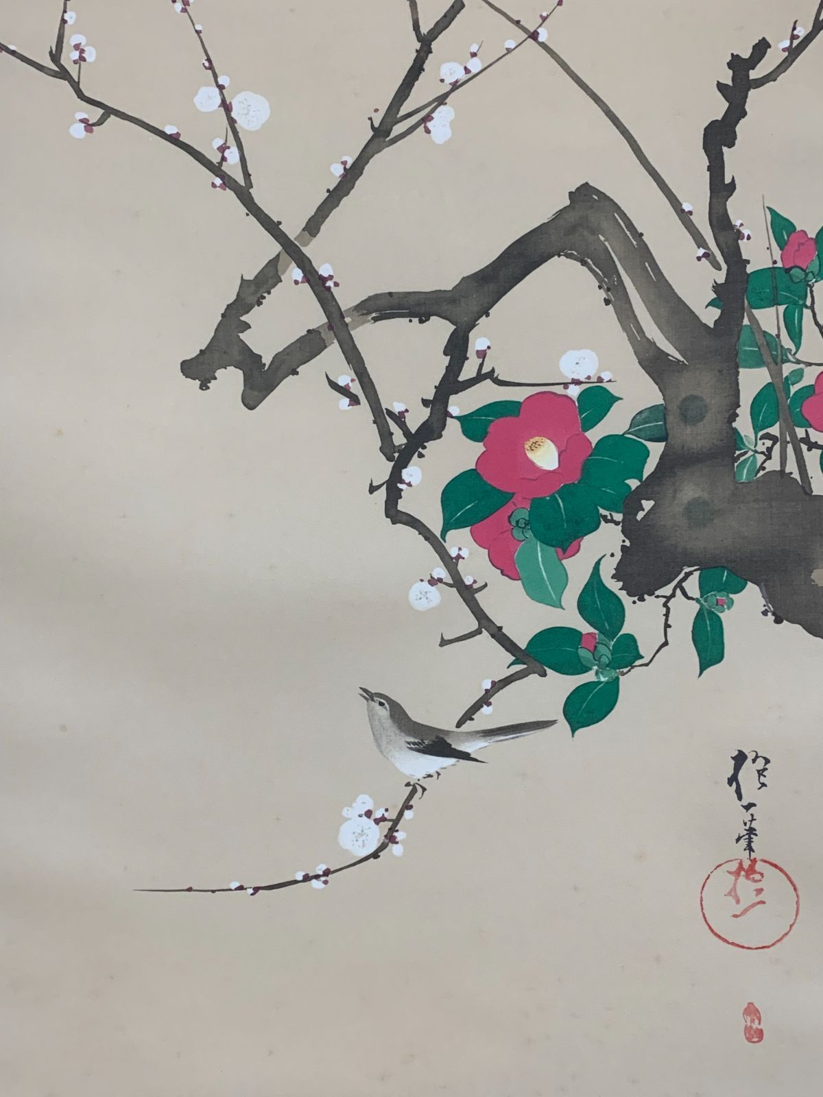 酒井抱一筆 白梅椿鶯図 復刻版 1500部内789部 桐箱タトウ箱付 酒井抱一筆 白梅椿鶯図 復刻版 1500部内789部 桐箱タトウ