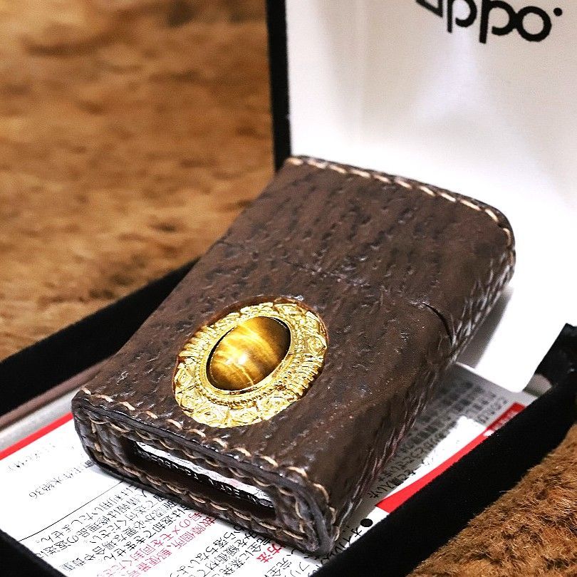 革巻きZIPPO リザード革 ブラウン 天然石 ジッポ 茶 革製 ZIPPO 