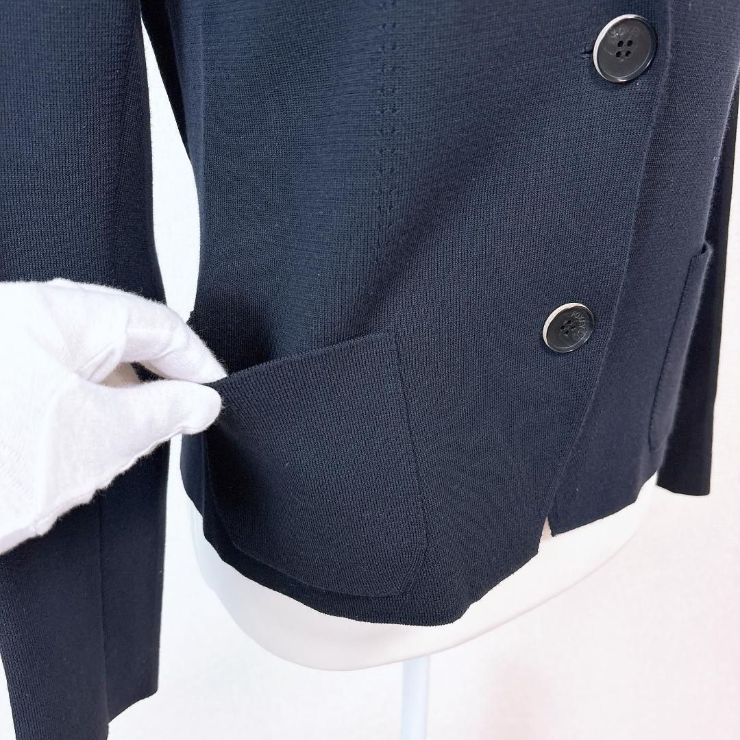 美品】FOXEY ニット地テーラードジャケット 38 無地 ダークネイビー