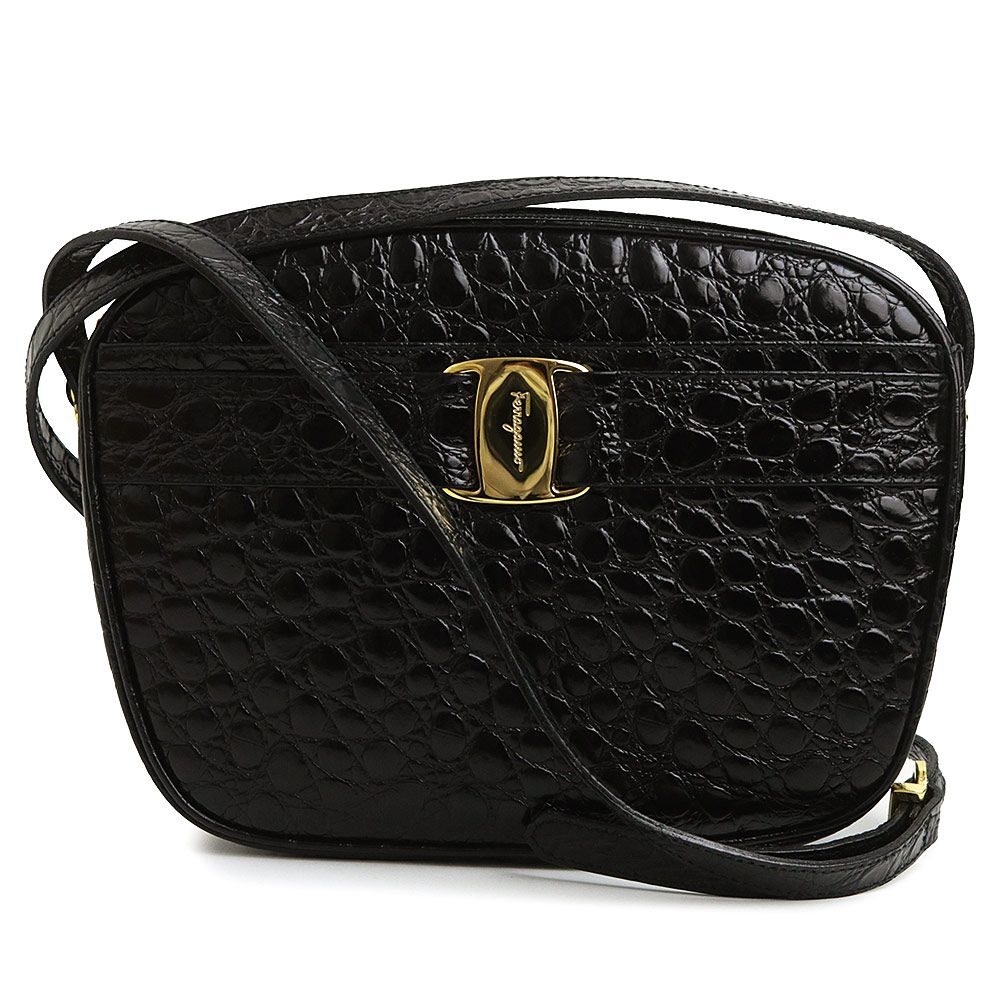 サルヴァトーレフェラガモ BA-21 ヴァラ クロコ型押しレザー ブラック