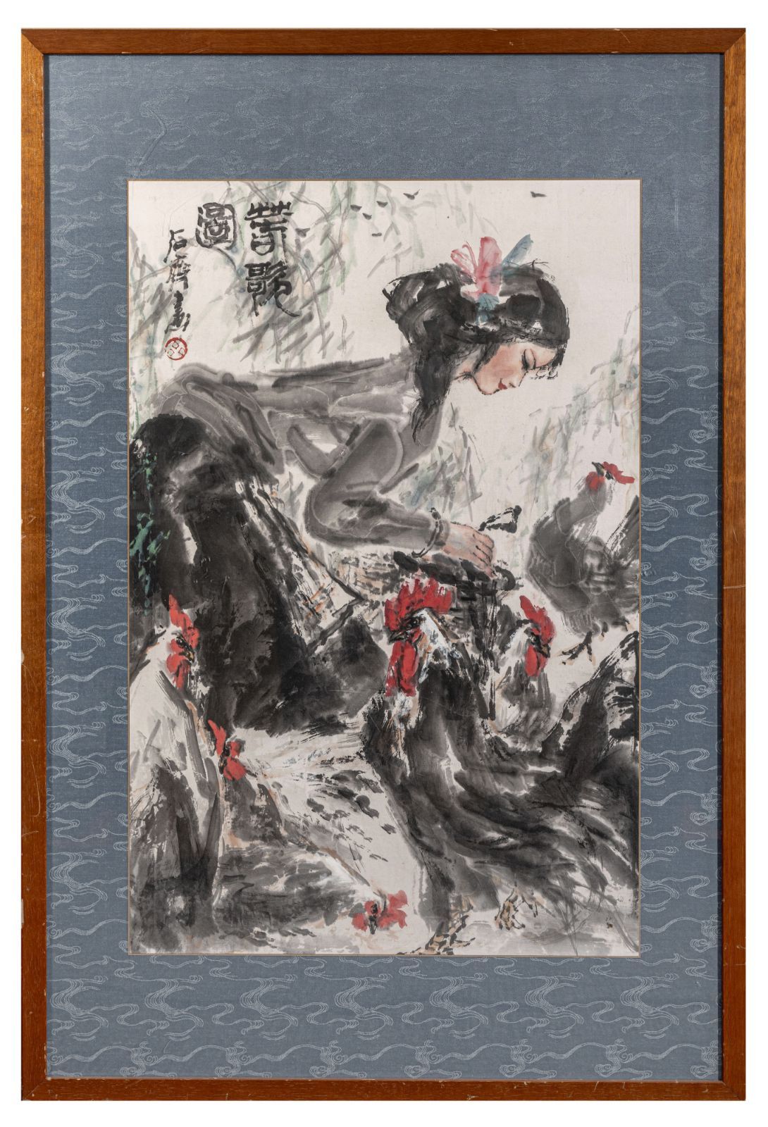 稀少】石斉（石齊）「春歌図」 設色紙本 額装 中国現代絵画 巨匠 落款