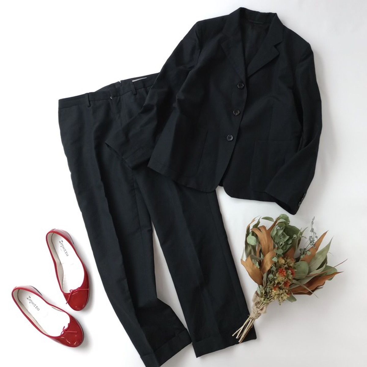 マーガレットハウエル パンツスーツ テーラードジャケット 背抜き 黒 Ⅱ MARGARET HOWELL マーガレットハウエル 2P セットアップ ウール リネン