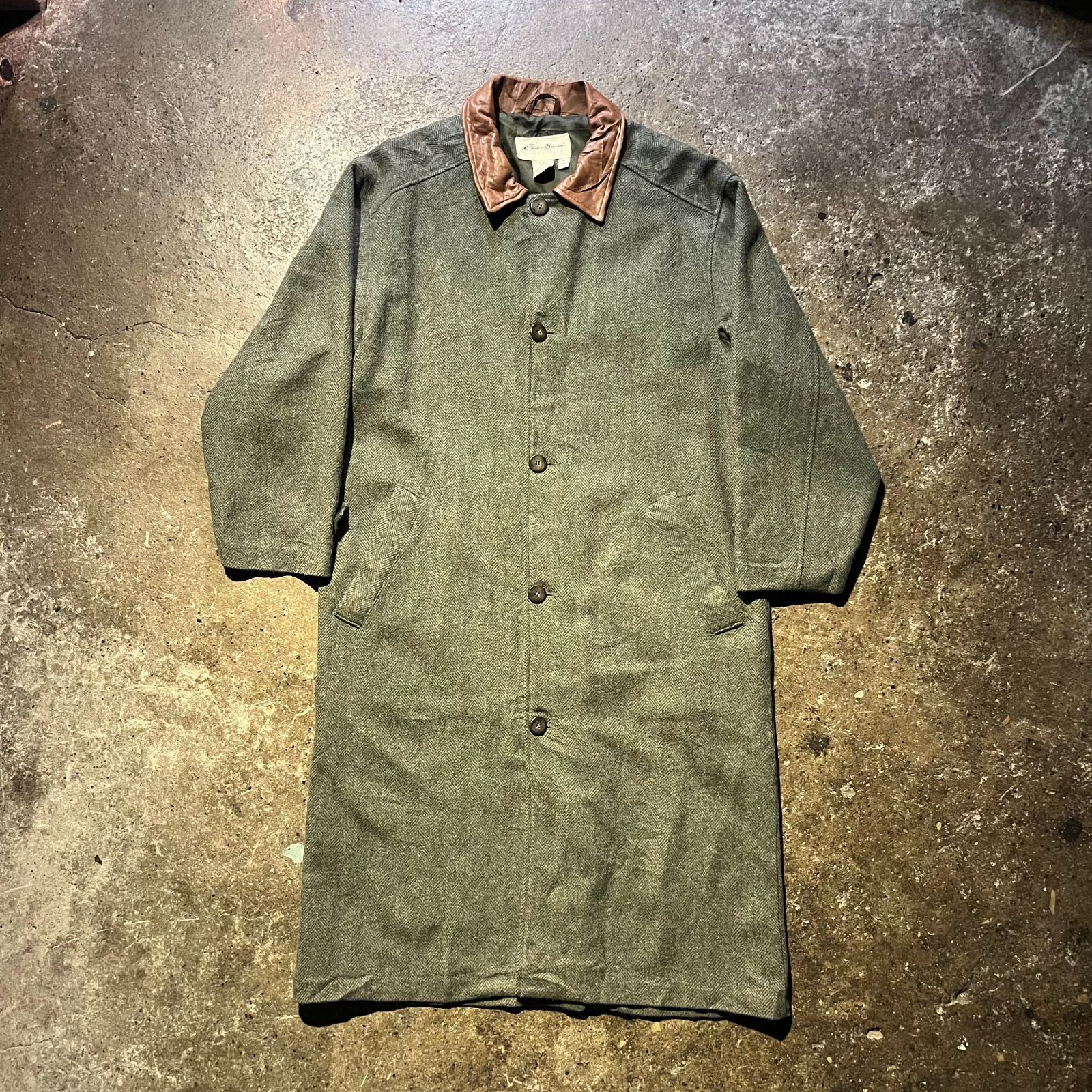Eddie Bauer 90s USA製 襟レザーヘリンボーンコート エディーバウアー