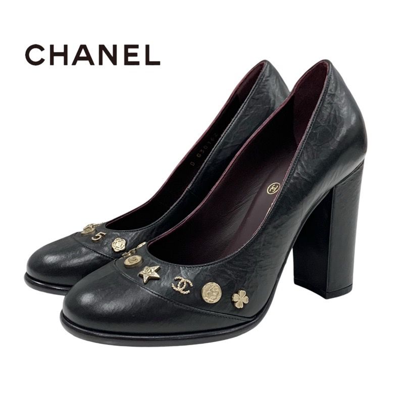 シャネル CHANEL パンプス 靴 シューズ レザー ブラック 黒 ゴールド
