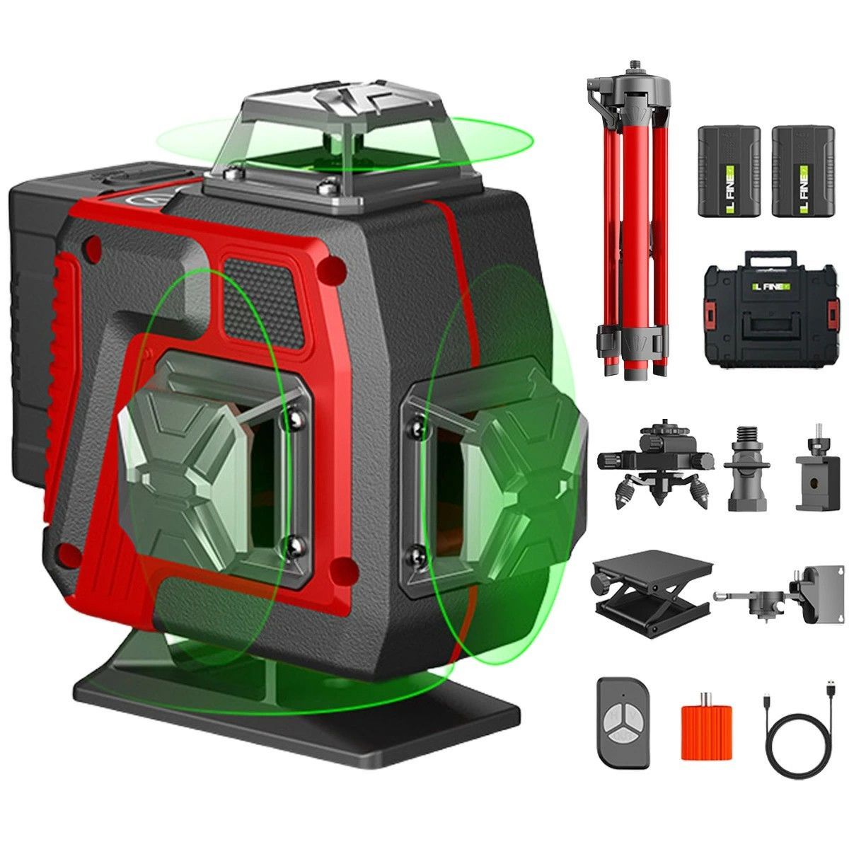 レーザー墨出し器 グリーン レーザー 水平器 16ライン 4 x 360°グリーンレーザー墨出し器 フルライン 高輝度 25メートル作業範囲 レーザーレベル 自動補正 受光器対応 リモコン付き 360°回転台 屋内屋外兼用 バッテリー 屋外可視