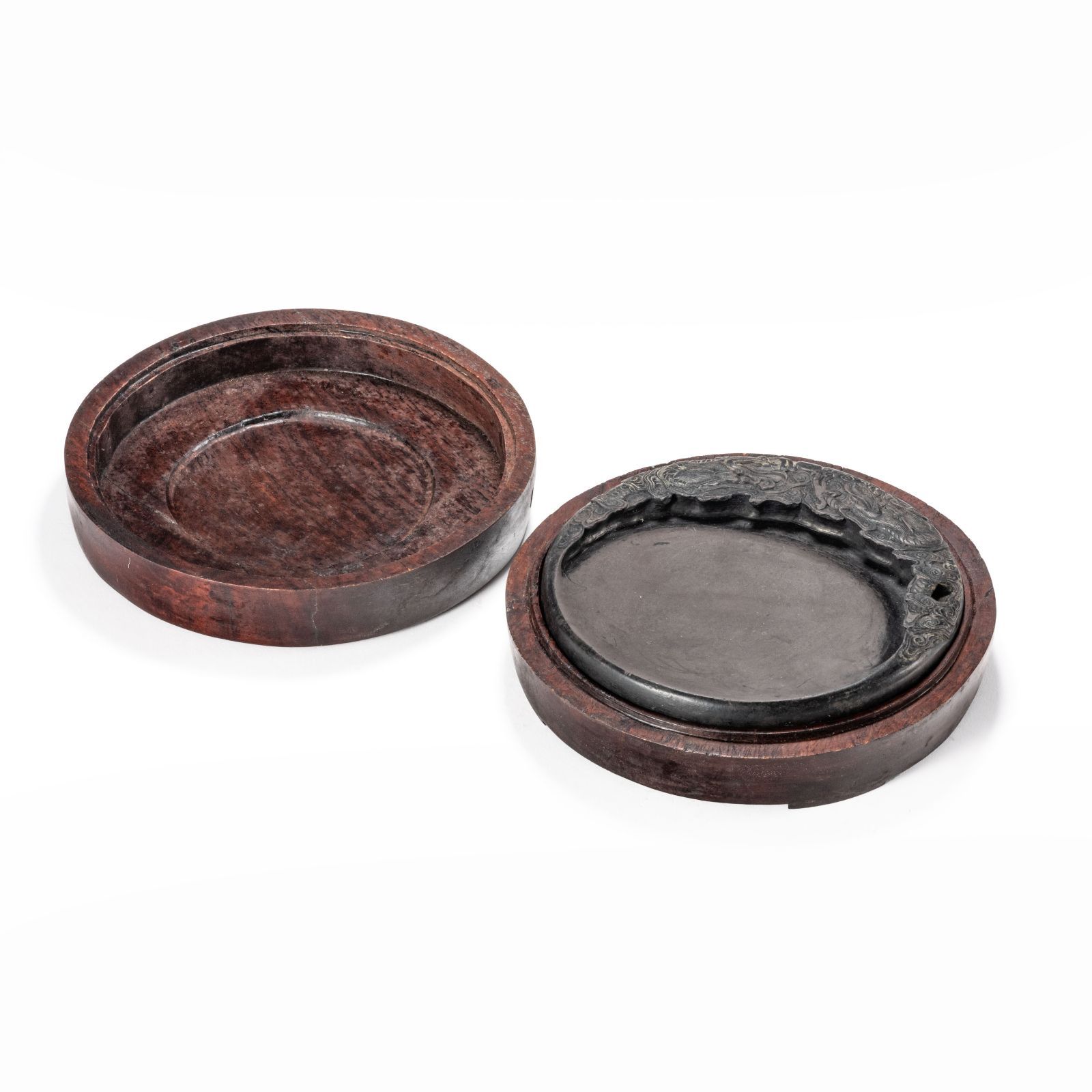 美品】清代 雲龍紋端硯 円硯 唐木漆塗箱付 書道具 中国古美術 骨董