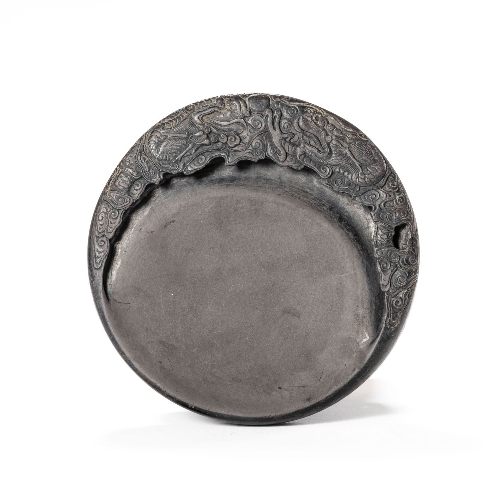 美品】清代 雲龍紋端硯 円硯 唐木漆塗箱付 書道具 中国古美術 骨董