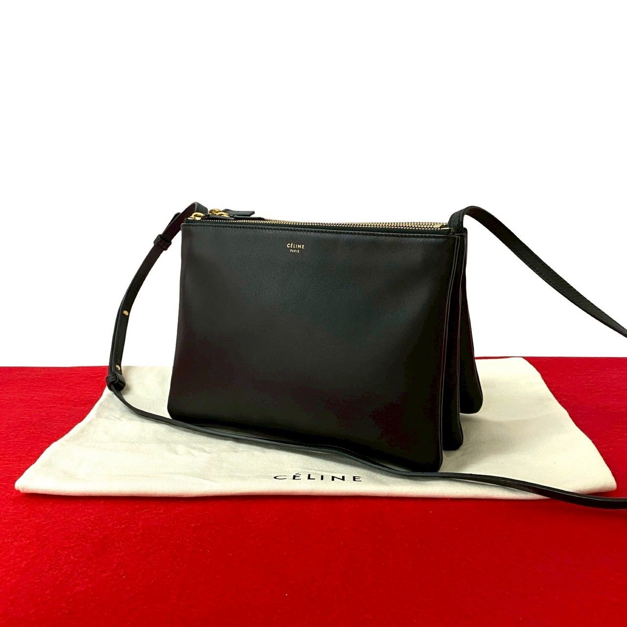 極 美品 保存袋付き CELINE セリーヌ ロゴ トリオ レザー 本革 ミニ