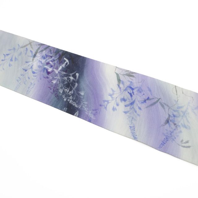 新古品】 名古屋帯 未使用 正絹 九寸 手描き 月白 紫 黒紺 ぼかし地 銀