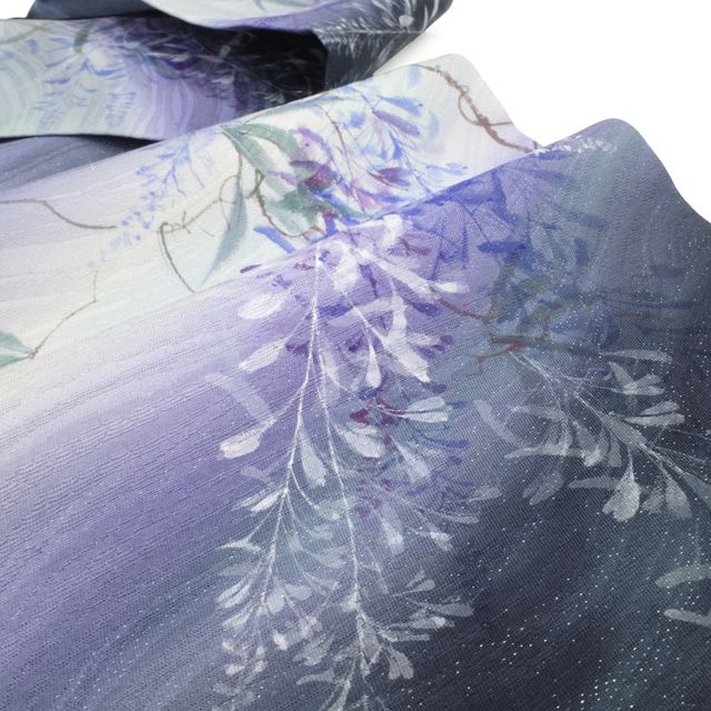 新古品】 名古屋帯 未使用 正絹 九寸 手描き 月白 紫 黒紺 ぼかし地 銀