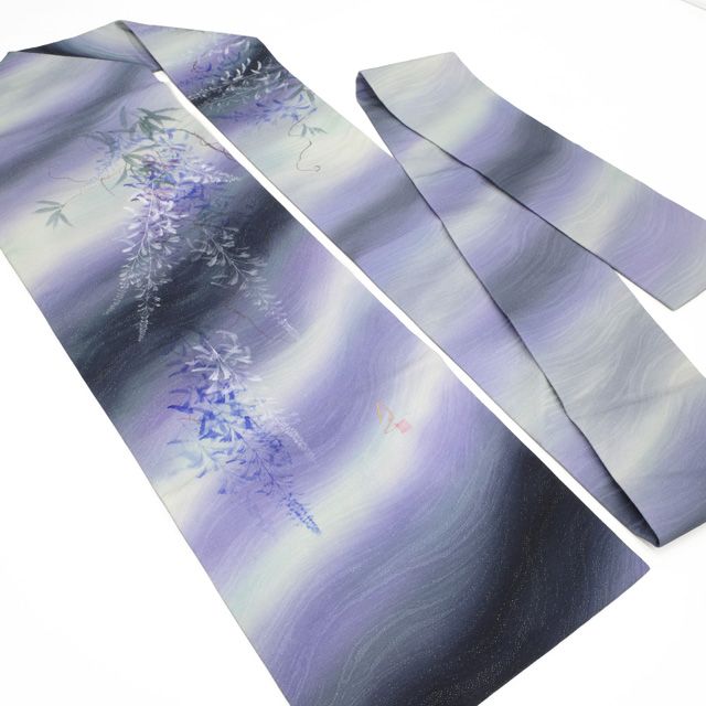 新古品】 名古屋帯 未使用 正絹 九寸 手描き 月白 紫 黒紺 ぼかし地 銀