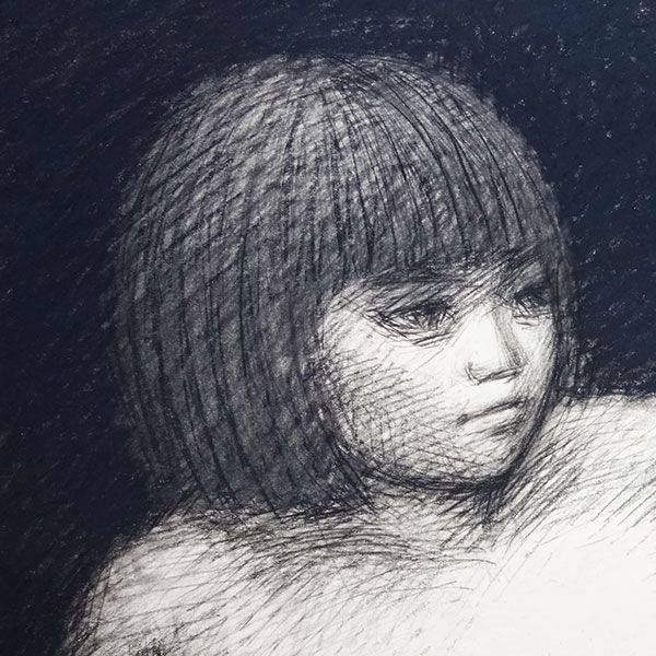真筆 岡本半三 「台にもたれて」 20号相当 額付き 木炭、鉛筆画 大型