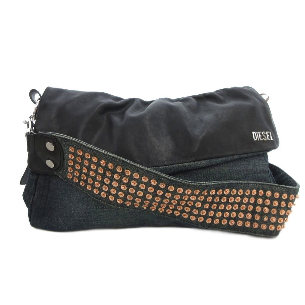 ディーゼル DIESEL ショルダーバッグ 斜め掛け デニム地 レザー 黒