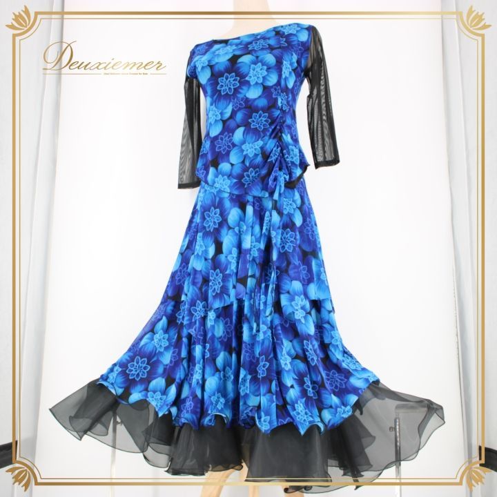 【美品 日本製 社交ダンス衣装】ブラック Chacott 上下セット レース 青 美品 日本製 社交ダンス衣装】ブラック Chacott 上下セット レース 青