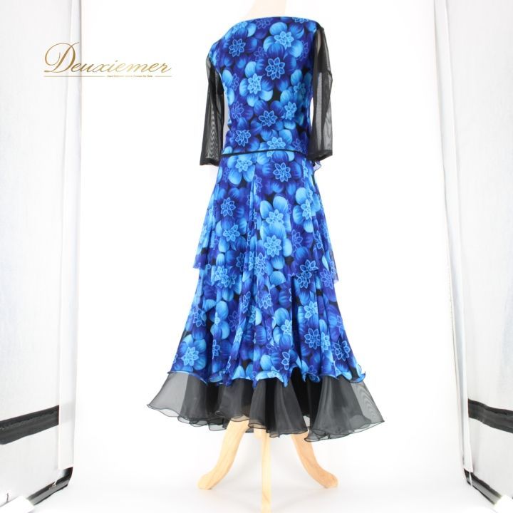 社交ダンスレッスン着パーティ。レイリーナ花柄紺色セットアップドレス 社交ダンスレッスン着パーティ。レイリーナ花柄紺色セットアップドレス