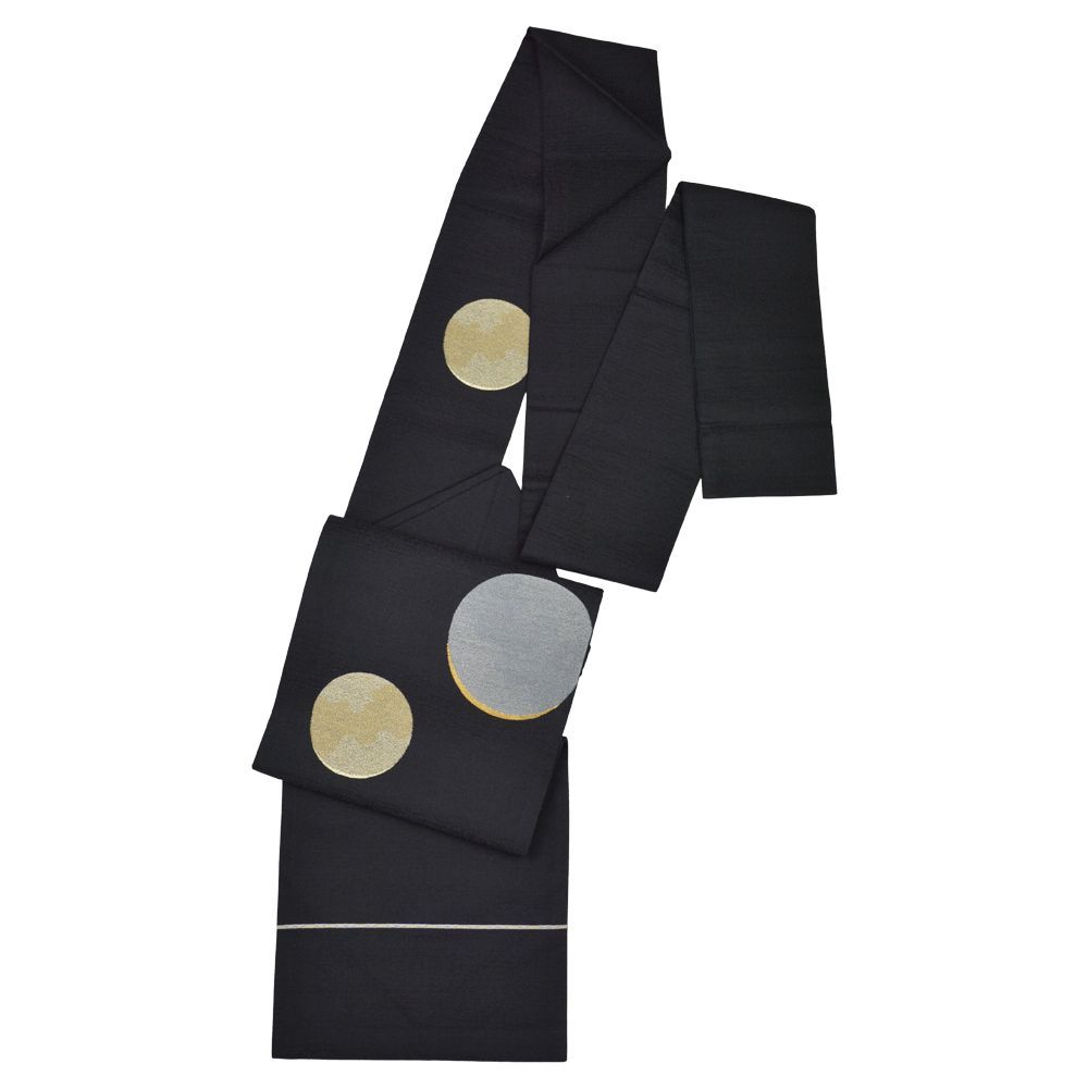 良品】九寸名古屋帯 リサイクル名古屋帯 九寸 お太鼓柄 黒地 月 8300