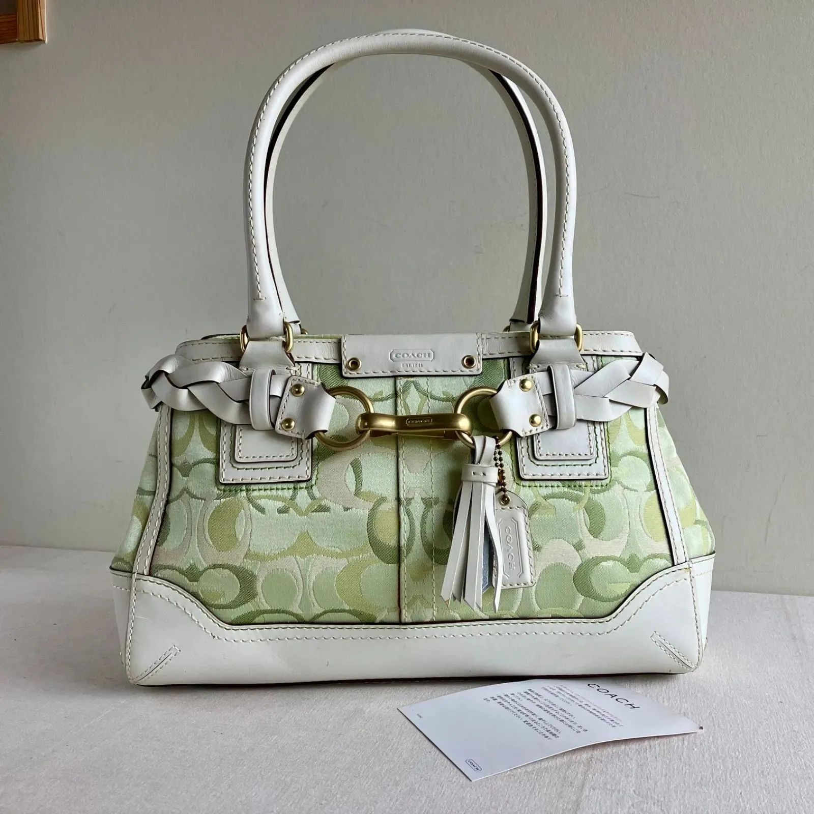 Coach Hampton Optic Signature Shoulder Bag Canvas Leather Green 