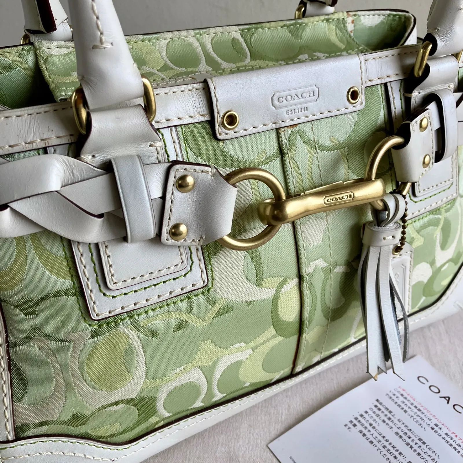 Coach Hampton Optic Signature Shoulder Bag Canvas Leather Green 