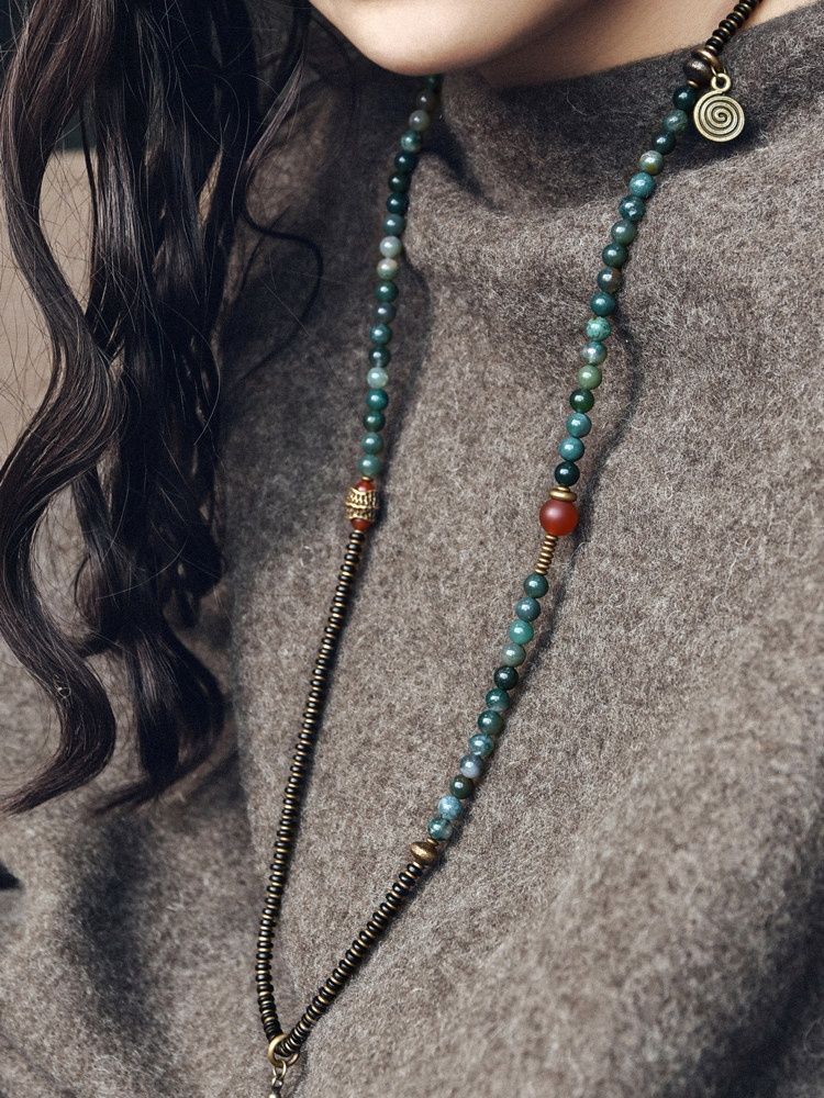 天然 水草瑪瑙 多連ブレスレット｜黒檀×真鍮ミックス｜2WAY