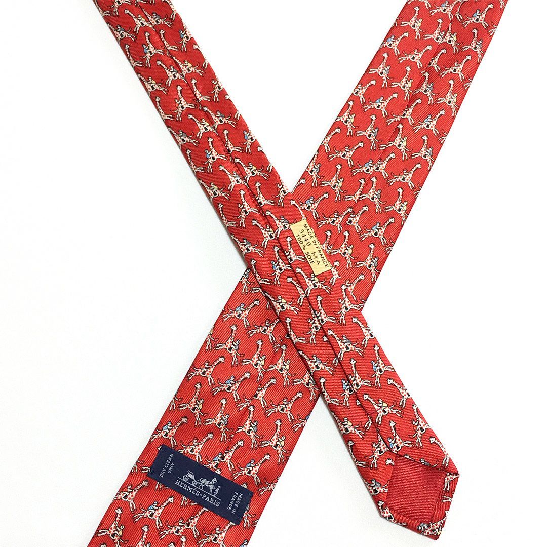 未使用級 エルメス HERMES ネクタイ シルク100% レッド アニマル柄